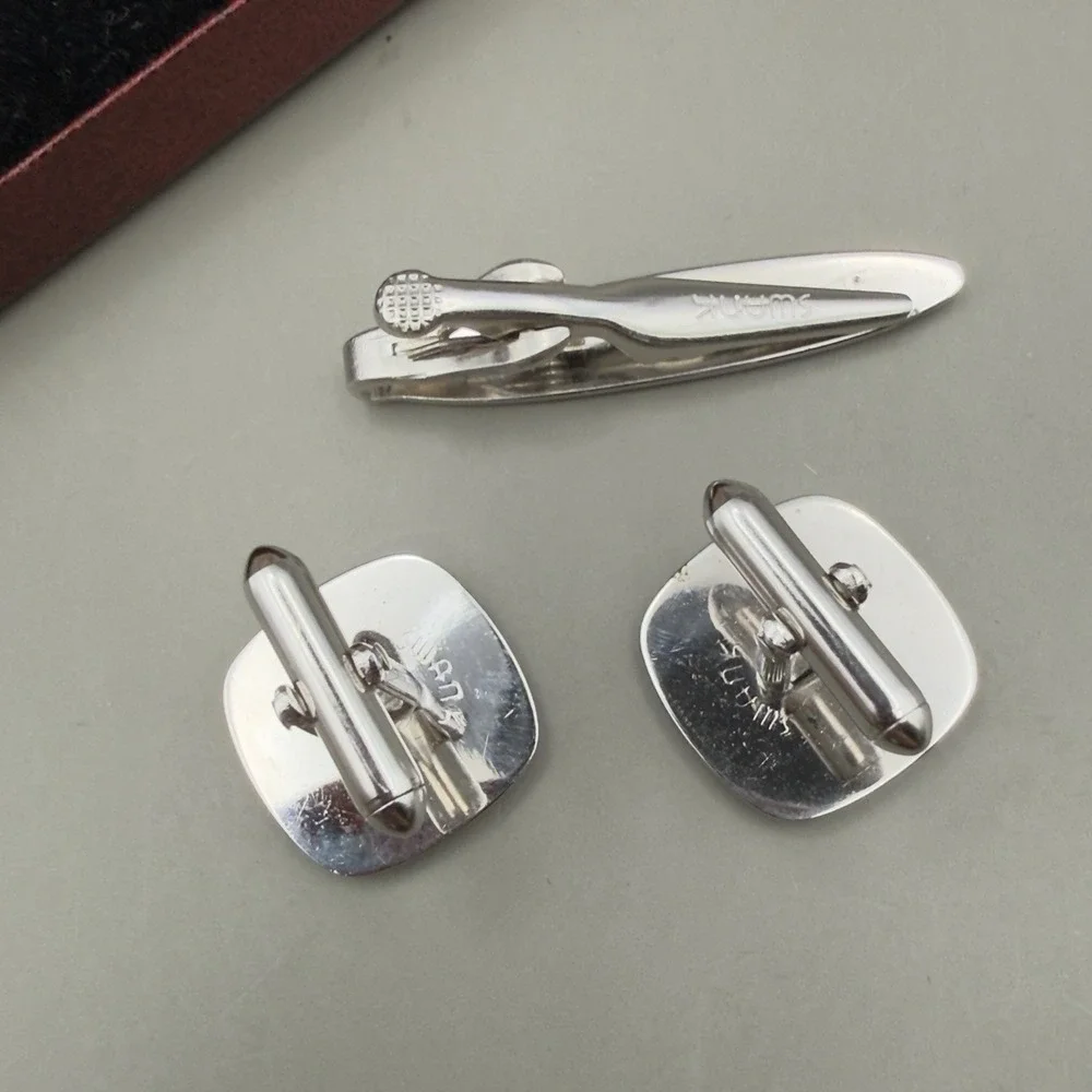 Swank Cufflinks Tie Clip Set Silver Tone Starburst Textured Mens Jewelry Boxed